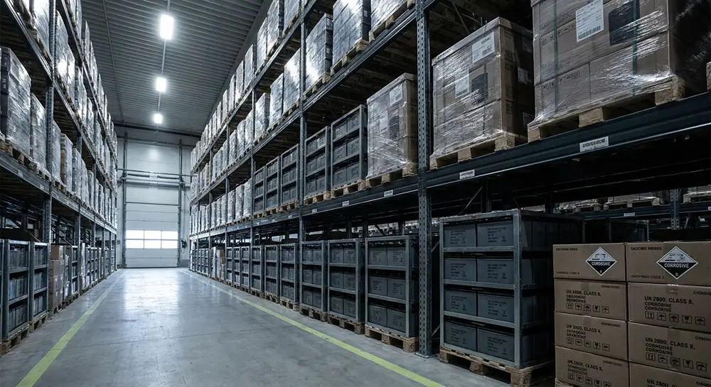 Bodega propia con inventario de bater&iacute;as y UPS en estanter&iacute;a industrial
