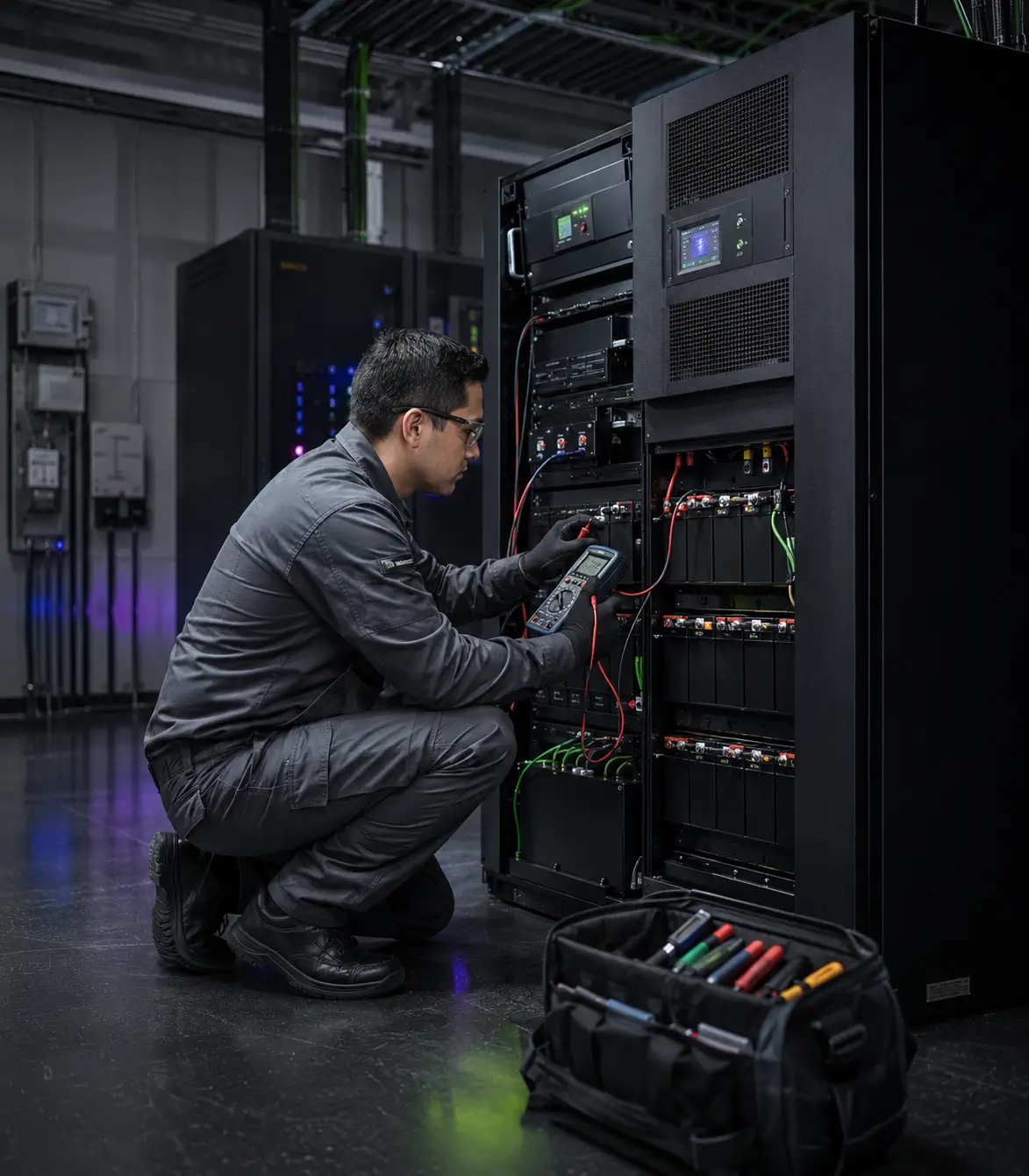 T&eacute;cnico especializado midiendo un tablero el&eacute;ctrico en sitio