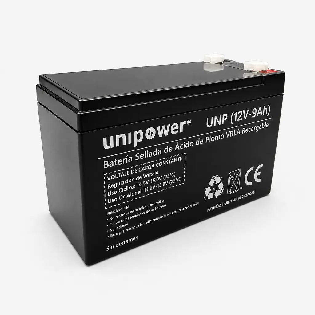 Batería sellada VRLA AGM 12V 9Ah Unipower en fondo blanco mostrando terminales superiores y especificaciones de voltaje.