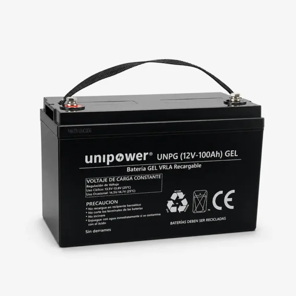 Batería de gel VRLA recargable marca Unipower modelo UNPG 12V 100Ah en color negro, vista frontal con terminales y asa.