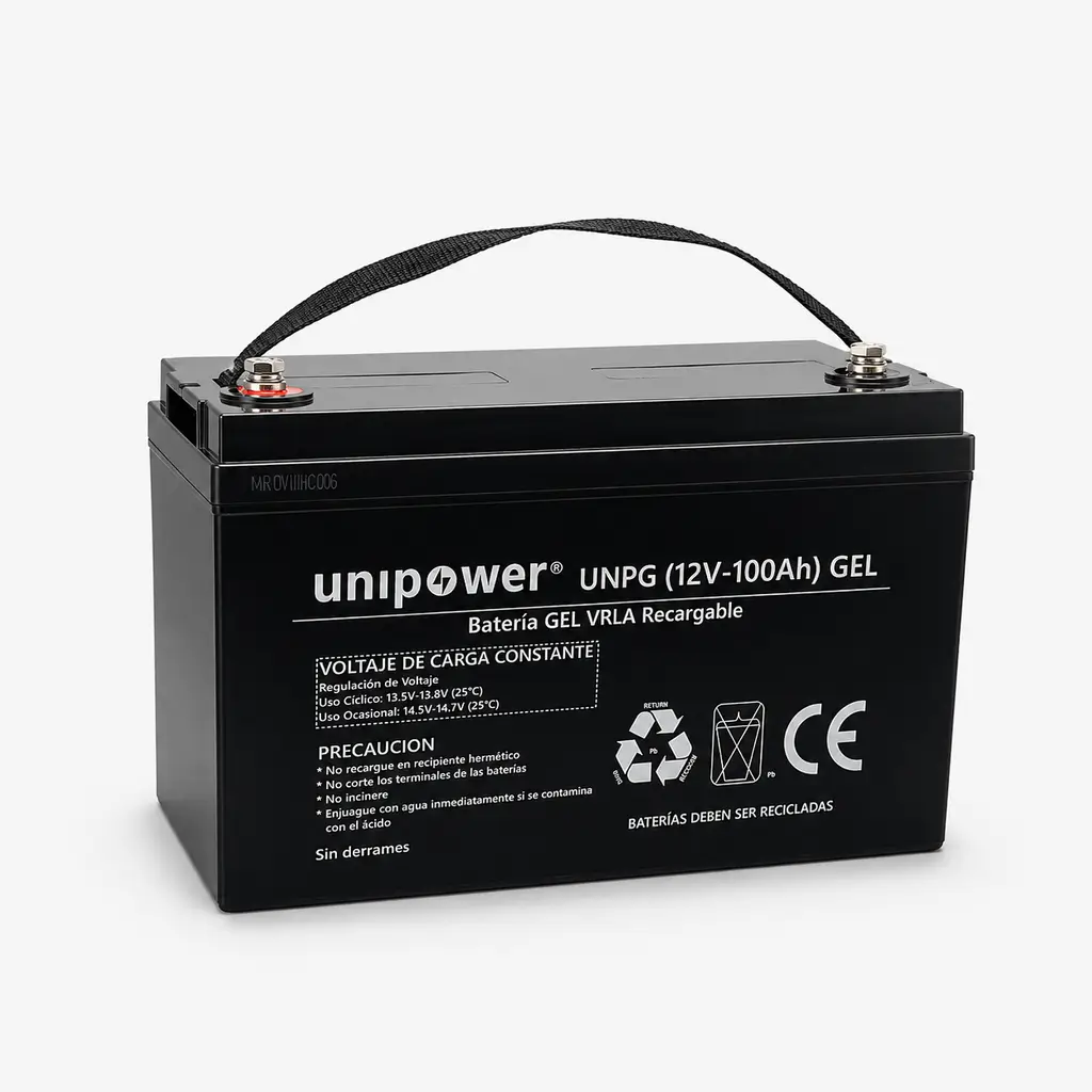 Batería de gel VRLA recargable marca Unipower modelo UNPG 12V 100Ah en color negro, vista frontal con terminales y asa.