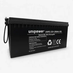 Batería de GEL VRLA recargable Unipower de 12 voltios y 200 amperios hora con carcasa negra y asa lateral