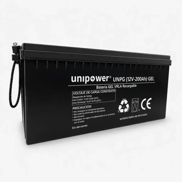 Batería de GEL VRLA recargable Unipower de 12 voltios y 200 amperios hora con carcasa negra y asa lateral