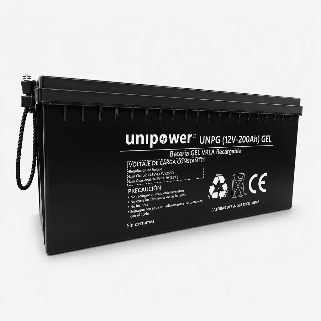 Batería de GEL VRLA recargable Unipower de 12 voltios y 200 amperios hora con carcasa negra y asa lateral