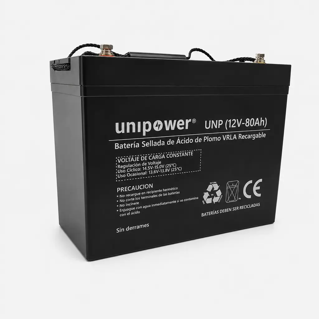 Batería rectangular Unipower modelo UNP 12V-80Ah, color negro, tipo VRLA AGM, vista en perspectiva. Se enfoca en la etiqueta frontal que detalla el voltaje de carga constante, recomendaciones de precaución y muestra claramente el sello de certificación CE y de reciclaje de plomo.