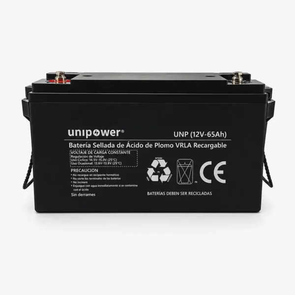 Batería rectangular Unipower modelo UNP 12V-65Ah, color negro, tipo VRLA AGM, vista frontal recta. Se observan dos terminales en la parte superior y asas de cuerda negra en los laterales. La etiqueta frontal muestra información técnica, sellos de reciclaje y certificación CE.