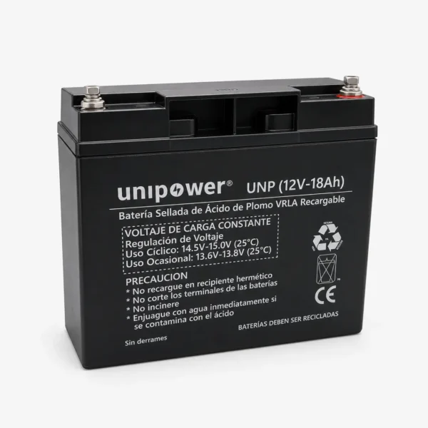 Especificaciones Batería VRLA 12V 18Ah Unipower para clínicas en Colombia. Venta B2B directa.