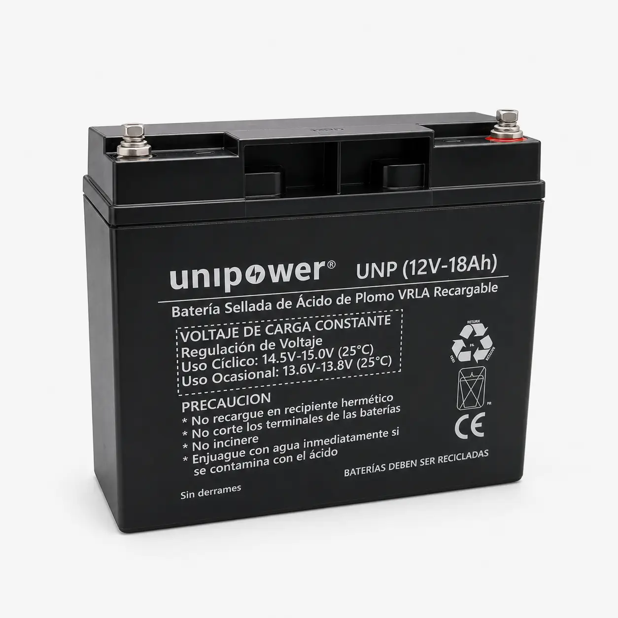 Especificaciones Batería VRLA 12V 18Ah Unipower para clínicas en Colombia. Venta B2B directa.