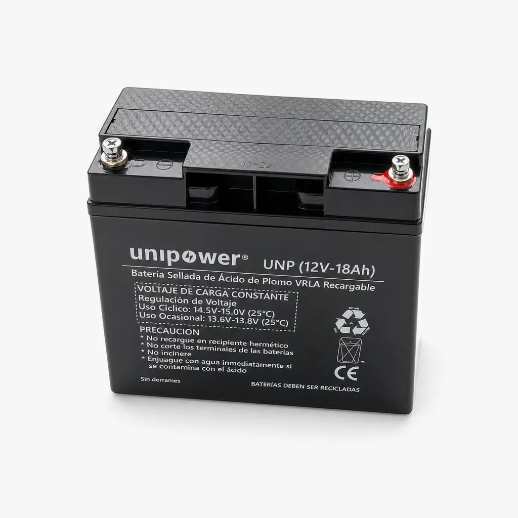 Batería VRLA 12V 18Ah Unipower en Bogotá para datacenters. Stock real Tecnosoft UPS.