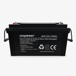 Panel frontal de la batería recargable Unipower 12V 120Ah detallando su certificación CE, sellos de reciclaje y parámetros de voltaje de carga.