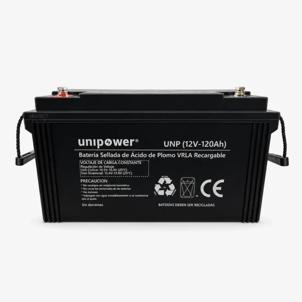 Panel frontal de la batería recargable Unipower 12V 120Ah detallando su certificación CE, sellos de reciclaje y parámetros de voltaje de carga.
