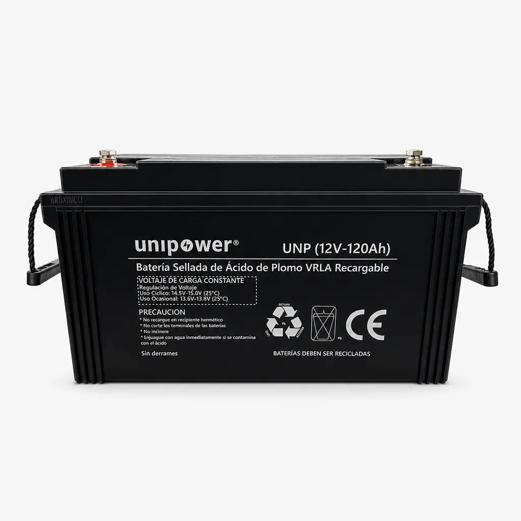 Panel frontal de la batería recargable Unipower 12V 120Ah detallando su certificación CE, sellos de reciclaje y parámetros de voltaje de carga.