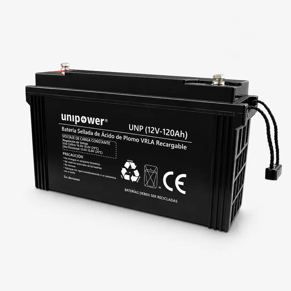 Batería sellada de ácido de plomo VRLA recargable Unipower 12V 120Ah en vista isométrica mostrando terminales superiores y carcasa negra.