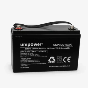 Batería VRLA Unipower de 12V 100Ah vista frontal con bornes de conexión y correa de sujeción.