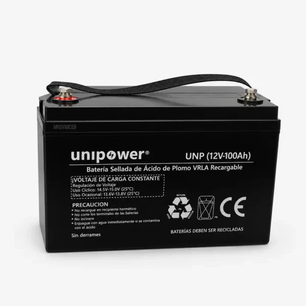 Batería VRLA Unipower de 12V 100Ah vista frontal con bornes de conexión y correa de sujeción.