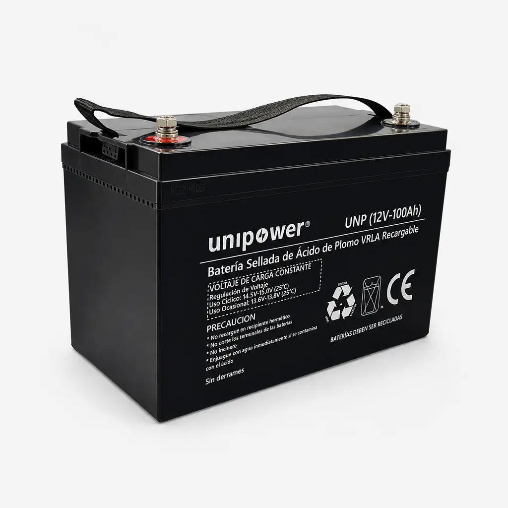 Batería AGM Unipower 12V 100Ah en perspectiva isométrica destacando su cubierta superior y terminales tipo T14.
