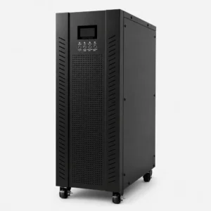 Vista frontal de UPS Online Trifásica Galeón II de 10KVA y 10KW. Diseño en torre con panel táctil LCD de 4.3 pulgadas.
