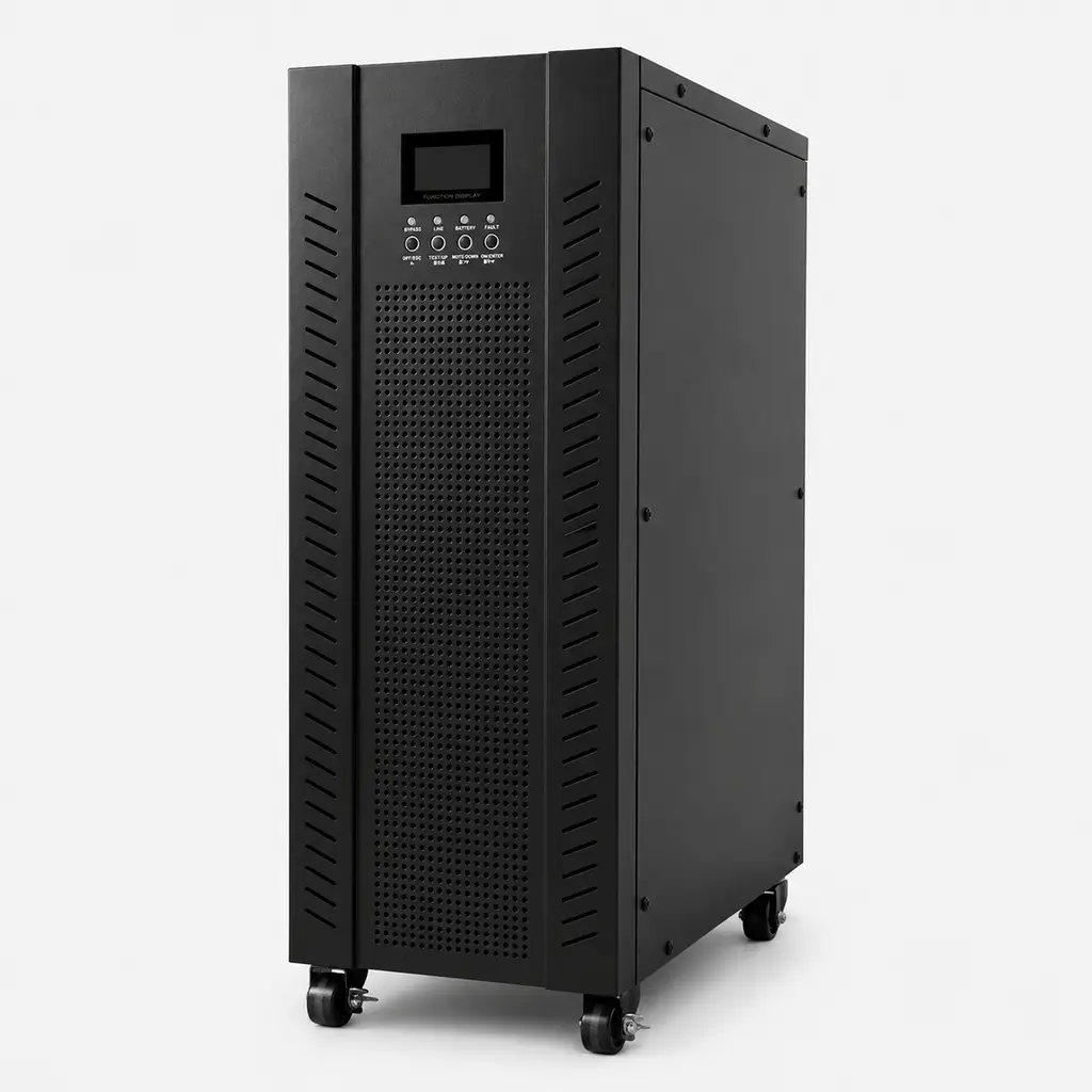 Vista frontal de UPS Online Trifásica Galeón II de 10KVA y 10KW. Diseño en torre con panel táctil LCD de 4.3 pulgadas.