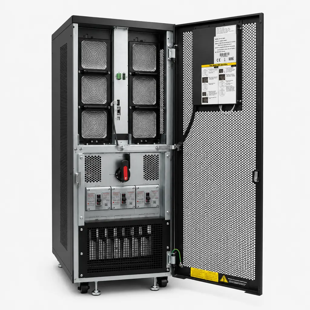 Interior de UPS Modular Trifásica 100KVA Fortress. Se aprecian módulos de potencia extraíbles, 4 breakers de control y borneras de conexión frontal.